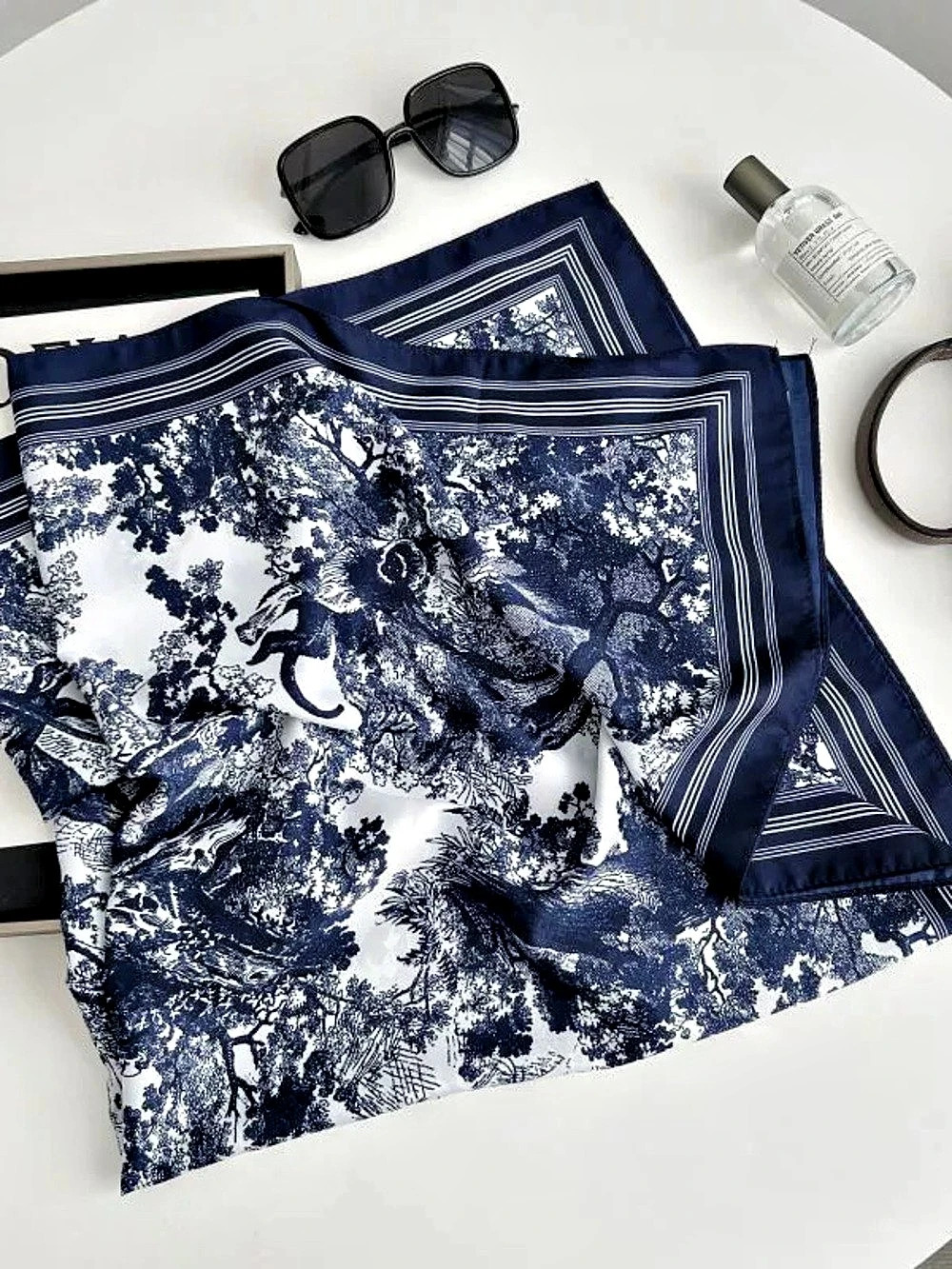 Toile de Jouy Square Scarf Blue & White Floral cotton